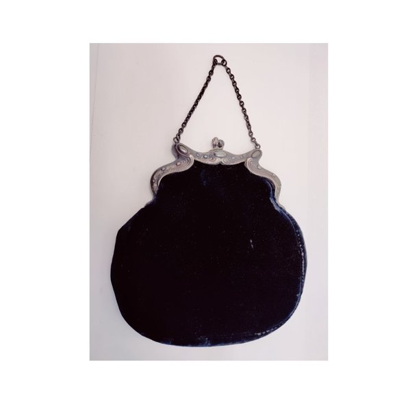 Art Nouveau Solid Sterling Silver Blue Felt Purse